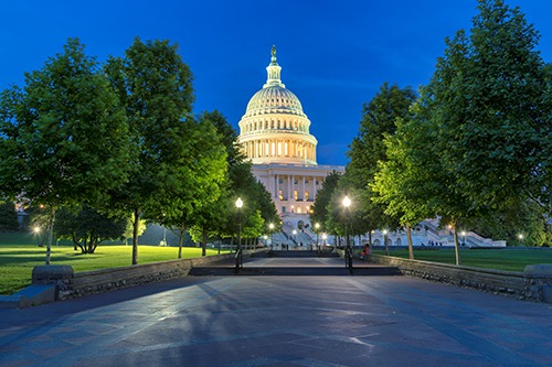 The United States Capital building at night, Washington DC, USA.