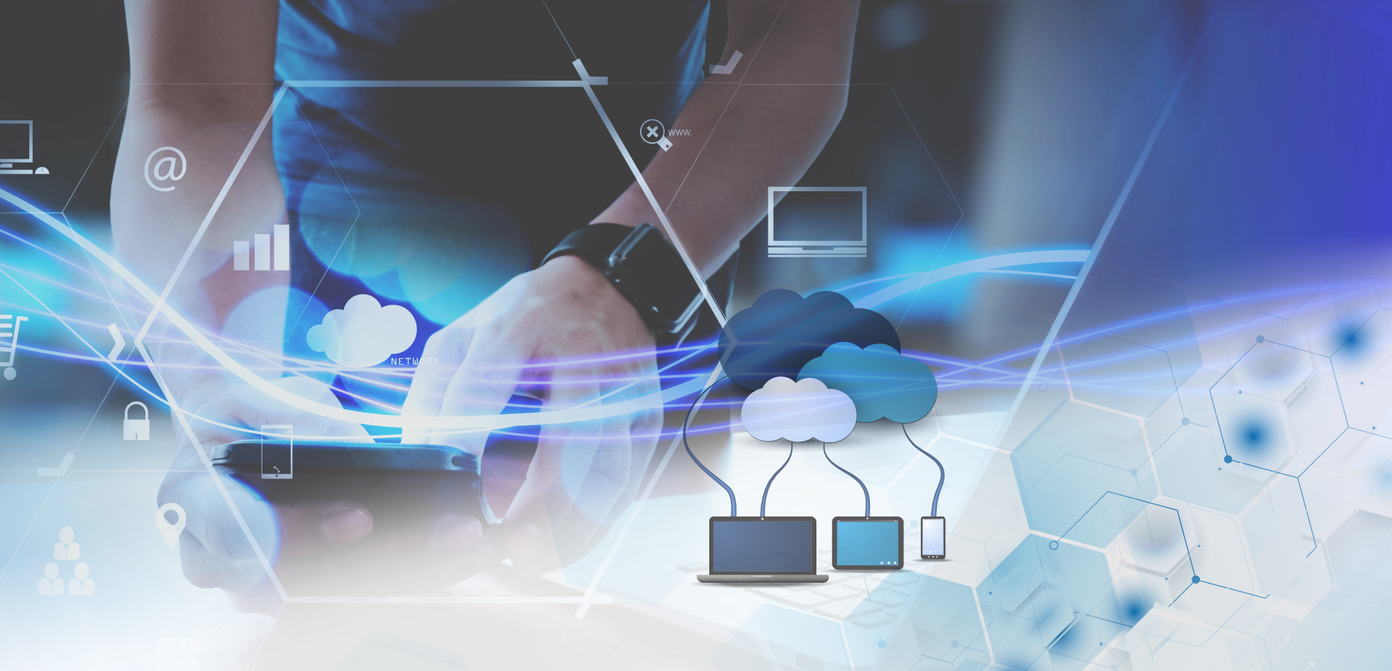 Dynamic image illustrating a person using cloud technologies, with an array of digital icons and network diagrams overlaying a global map.